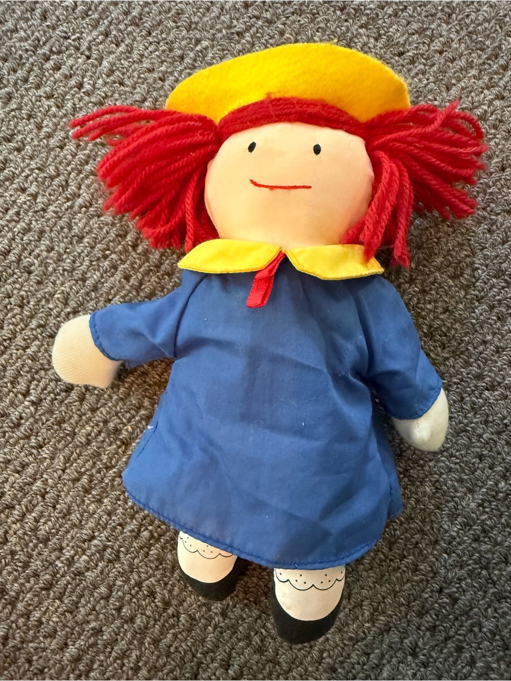 VINTAGE 1990 Madeline Plush Doll Blue Dress Yellow Hat Made by Eden Bemelman 9"